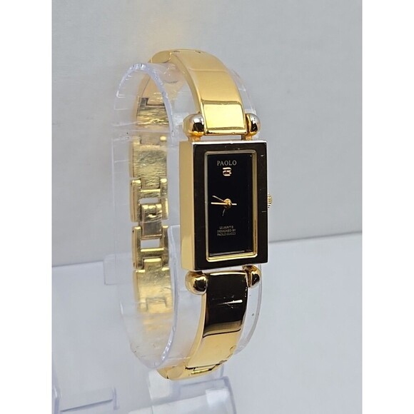 Womens Vintage Paolo Gucci Tank Watch Black Dial Gold Tone Bangle New Battery - Picture 3 of 10
